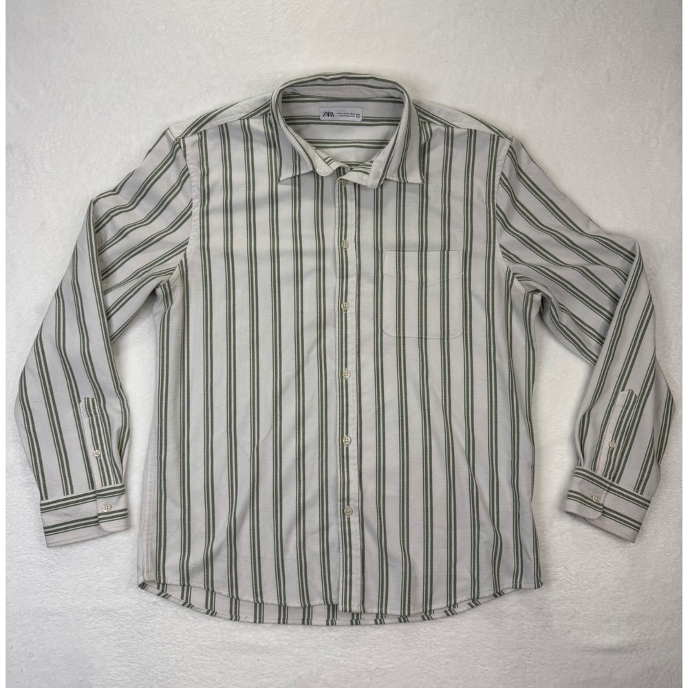 Zara Mens XL Green White Striped Long Sleeve Button Down Shirt Textured Pocket